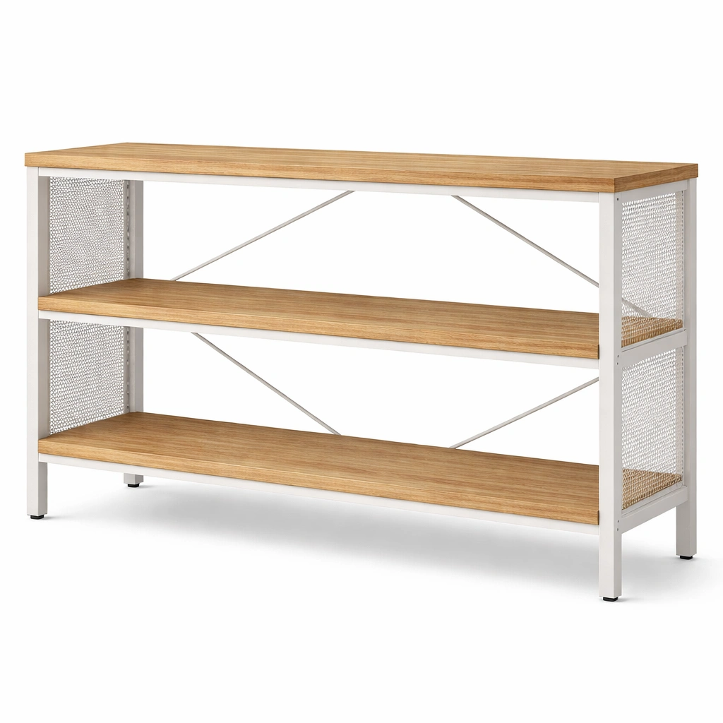 Estanteria baja de estilo industrial con baldas de madera y estructura metalica-cozanoe